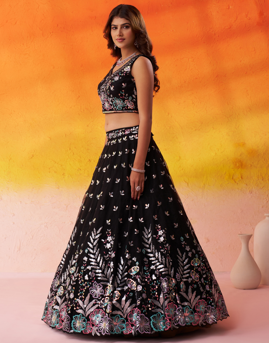Premium Net Fabric Lehenga Set Featuring Rich Sequins Thread Embroidery - Buy_1