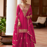 Premium Pink Chinon Embroidered Sharara Suit Set Indian Ethnic Wear for Parties & Functions - Buy