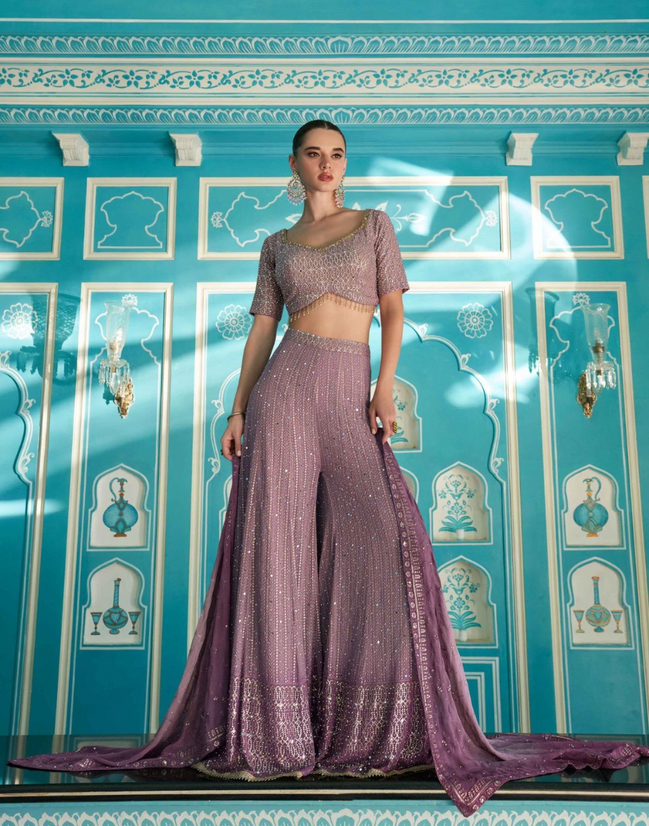 Premium Purple Georgette Palazzo Set with Embroidered Blouse and Dupatta - Buy