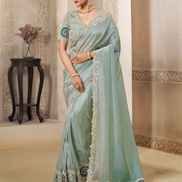 Premium Sea Green Organza Tissue Silk Saree with Sequins, Stone Embroidery & Satin Silk Blouse - Buy
