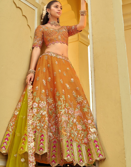 Premium Silk Embroidered Lehenga with Cut Work Border, Weaving Butti & Mirror Work Net Dupatta Set_1