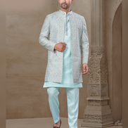 Premium Sky Blue Floral Kurta Set for Men Jacquard Silk with Statement Jacket