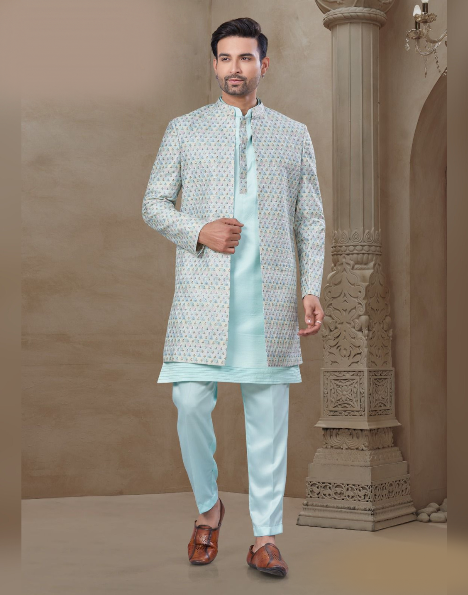 Premium Sky Blue Floral Kurta Set for Men Jacquard Silk with Statement Jacket