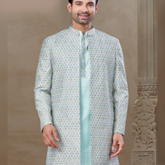 Premium Sky Blue Floral Kurta Set for Men Jacquard Silk with Statement Jacket_1