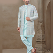 Premium Sky Blue Floral Kurta Set for Men Jacquard Silk with Statement Jacket_2