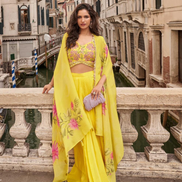 Premium Yellow Chinon Silk Viscose Jacquard Silk Designer Set Embroidered Shrug & Hand-Embellished Mirror Work Blouse with Trendy Palazzo - Buy