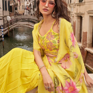 Premium Yellow Chinon Silk Viscose Jacquard Silk Designer Set Embroidered Shrug & Hand-Embellished Mirror Work Blouse with Trendy Palazzo - Buy_1