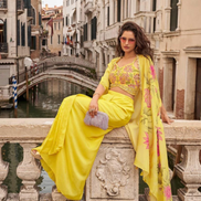 Premium Yellow Chinon Silk Viscose Jacquard Silk Designer Set Embroidered Shrug & Hand-Embellished Mirror Work Blouse with Trendy Palazzo - Buy_2