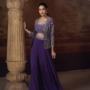 Purple Embroidered Jacket Set in Chinon Silk & Georgette with Mirror Work, Palazzo, and Blouse