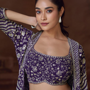Purple Embroidered Jacket Set in Chinon Silk & Georgette with Mirror Work, Palazzo, and Blouse_1