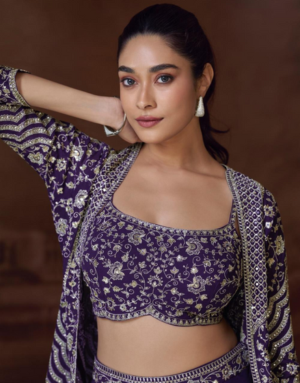 Purple Embroidered Jacket Set in Chinon Silk & Georgette with Mirror Work, Palazzo, and Blouse_1