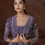 Purple Embroidered Jacket Set in Chinon Silk & Georgette with Mirror Work, Palazzo, and Blouse_2