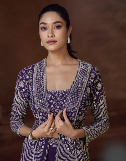Purple Embroidered Jacket Set in Chinon Silk & Georgette with Mirror Work, Palazzo, and Blouse_2
