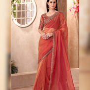 Red Golden Sparkle Tissue Saree with Linen Work Blouse Glamorous Festive Look - Buy_1