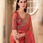 Red Golden Sparkle Tissue Saree with Linen Work Blouse Glamorous Festive Look - Buy_2
