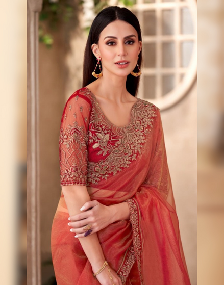 Red Golden Sparkle Tissue Saree with Linen Work Blouse Glamorous Festive Look - Buy_2
