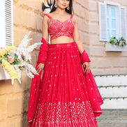 Red Sequin Embroidered Lehenga Set with Blouse & Dupatta Bridal & Festive Wear