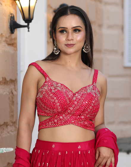 Red Sequin Embroidered Lehenga Set with Blouse & Dupatta Bridal & Festive Wear_