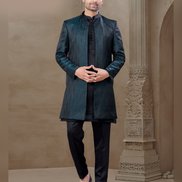 Regal Black Jacquard Silk Men’s Kurta Set Floral Print Jacket & Pants