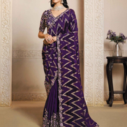 Regal Purple Velvet Jacquard Silk Saree with Intricate Thread Embroidery & Stone Work with Satin Silk Blouse - Buy