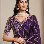 Regal Purple Velvet Jacquard Silk Saree with Intricate Thread Embroidery & Stone Work with Satin Silk Blouse - Buy_1