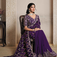 Regal Purple Velvet Jacquard Silk Saree with Intricate Thread Embroidery & Stone Work with Satin Silk Blouse - Buy_2