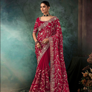 Regal Red Fancy Saree Handcrafted Aari Work with Blouse for Special Occasions - Buy