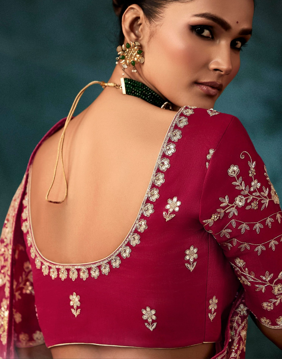 Regal Red Fancy Saree Handcrafted Aari Work with Blouse for Special Occasions - Buy_2