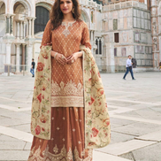 Rich Brown Silk Sharara Set Front & Back Embroidered Top with Digital Embroidered Dupatta - Buy