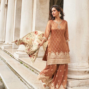 Rich Brown Silk Sharara Set Front & Back Embroidered Top with Digital Embroidered Dupatta - Buy_1