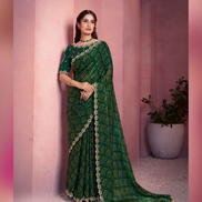 Rich Green Bandhani Print Saree in Two-Tone Satin Silk Handcrafted Stone Embroidery - Buy