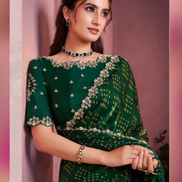 Rich Green Bandhani Print Saree in Two-Tone Satin Silk Handcrafted Stone Embroidery - Buy_2