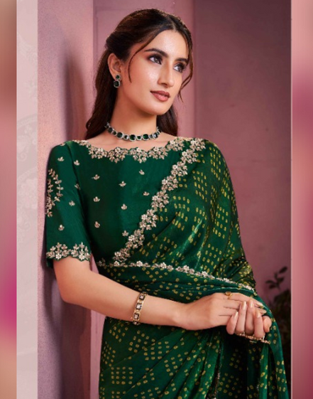 Rich Green Bandhani Print Saree in Two-Tone Satin Silk Handcrafted Stone Embroidery - Buy_2