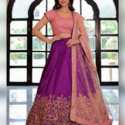 Royal Purple Lehenga Set in Silk with Gold Work Pink Embroidered Blouse & Dupatta - Buy