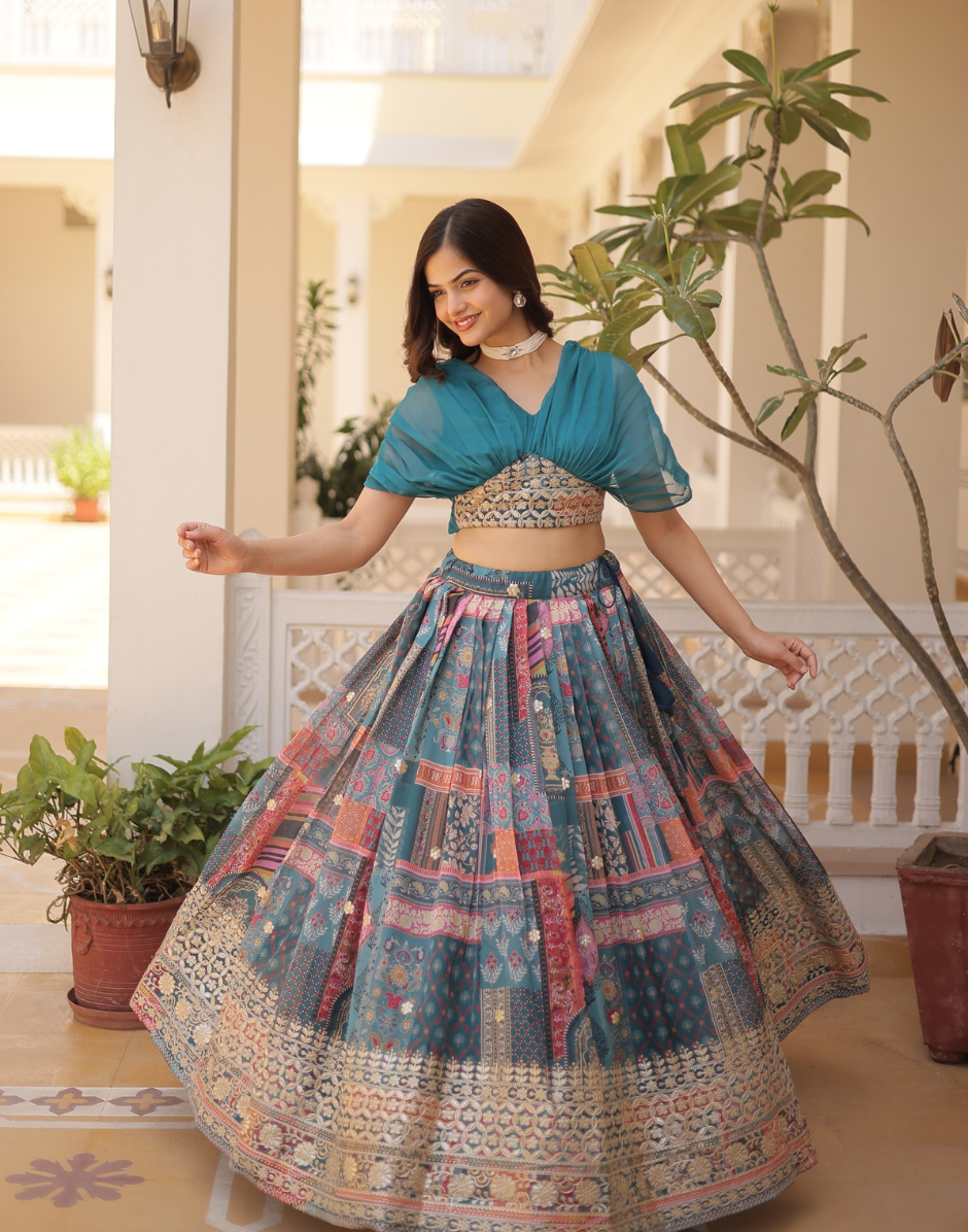 Woman in a traditional outfit with a colorful skirt indoors