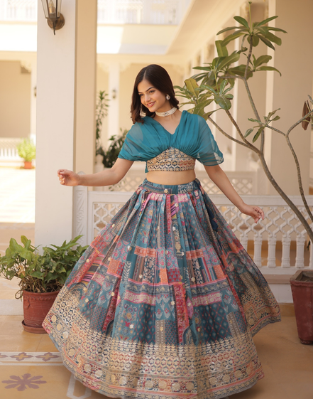 Woman in a traditional outfit with a colorful skirt indoors