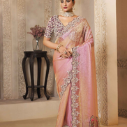 Shimmering Pink Zari Organza Saree Sequins & Handcrafted Stones with Satin Blouse - Buy