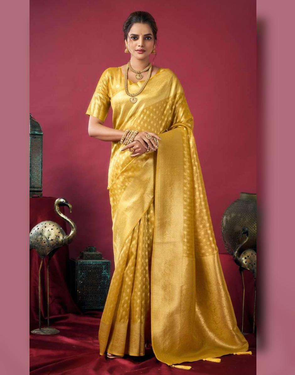 Shimmering Self-Woven Tissue Silk Saree and Blouse Set with Tassel Border Timeless Ethnic Charm - Buy