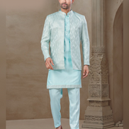 Sky Blue Jacquard Silk Kurta Set for Men Floral Print with Coordinated Jacket