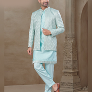 Sky Blue Jacquard Silk Kurta Set for Men Floral Print with Coordinated Jacket_1