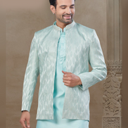 Sky Blue Jacquard Silk Kurta Set for Men Floral Print with Coordinated Jacket_2