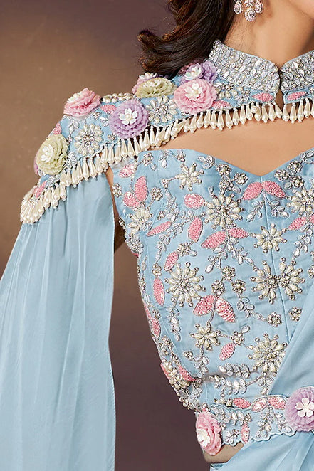 Sky Blue Pre Stitched Saree for Bridesmaid