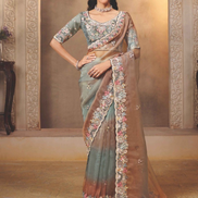Statement Brown and Grey Ombre Saree in Organza Satin with Multi-Thread & Stone Embroidery Satin Blouse - Buy
