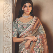 Statement Brown and Grey Ombre Saree in Organza Satin with Multi-Thread & Stone Embroidery Satin Blouse - Buy_1