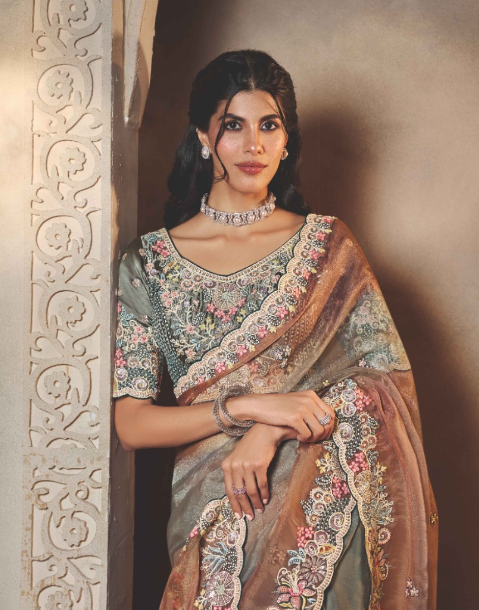Statement Brown and Grey Ombre Saree in Organza Satin with Multi-Thread & Stone Embroidery Satin Blouse - Buy_1