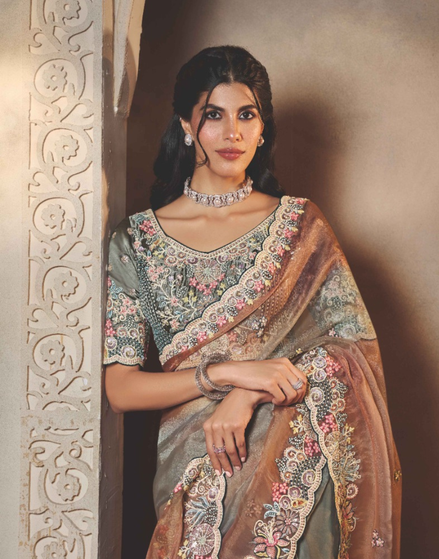 Statement Brown and Grey Ombre Saree in Organza Satin with Multi-Thread & Stone Embroidery Satin Blouse - Buy_1