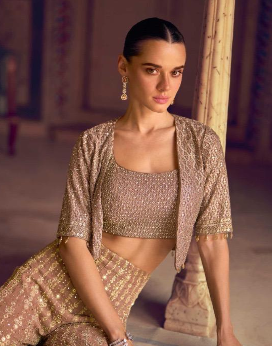 Stunning Beige Georgette Palazzo Set Ensemble Embroidery with Seroski Zarkan - Buy_1