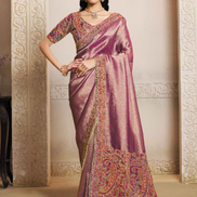 Stunning Mauve Kanjivaram Jacquard Saree with Printed Design, Hand Embroidery & Satin Silk Blouse - Buy