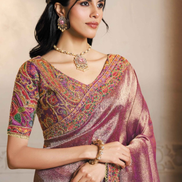 Stunning Mauve Kanjivaram Jacquard Saree with Printed Design, Hand Embroidery & Satin Silk Blouse - Buy_1