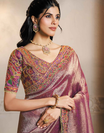 Stunning Mauve Kanjivaram Jacquard Saree with Printed Design, Hand Embroidery & Satin Silk Blouse - Buy_1